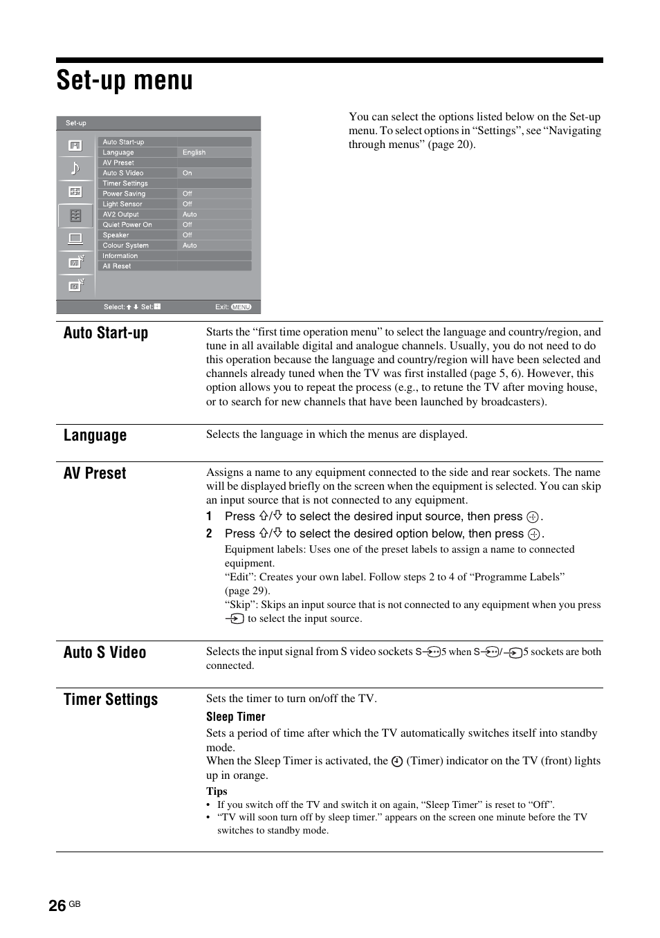 Set-up menu, Auto start-up, Language | Av preset, Auto s video, Timer settings | Sony Bravia KDL-26S2020 User Manual | Page 26 / 44