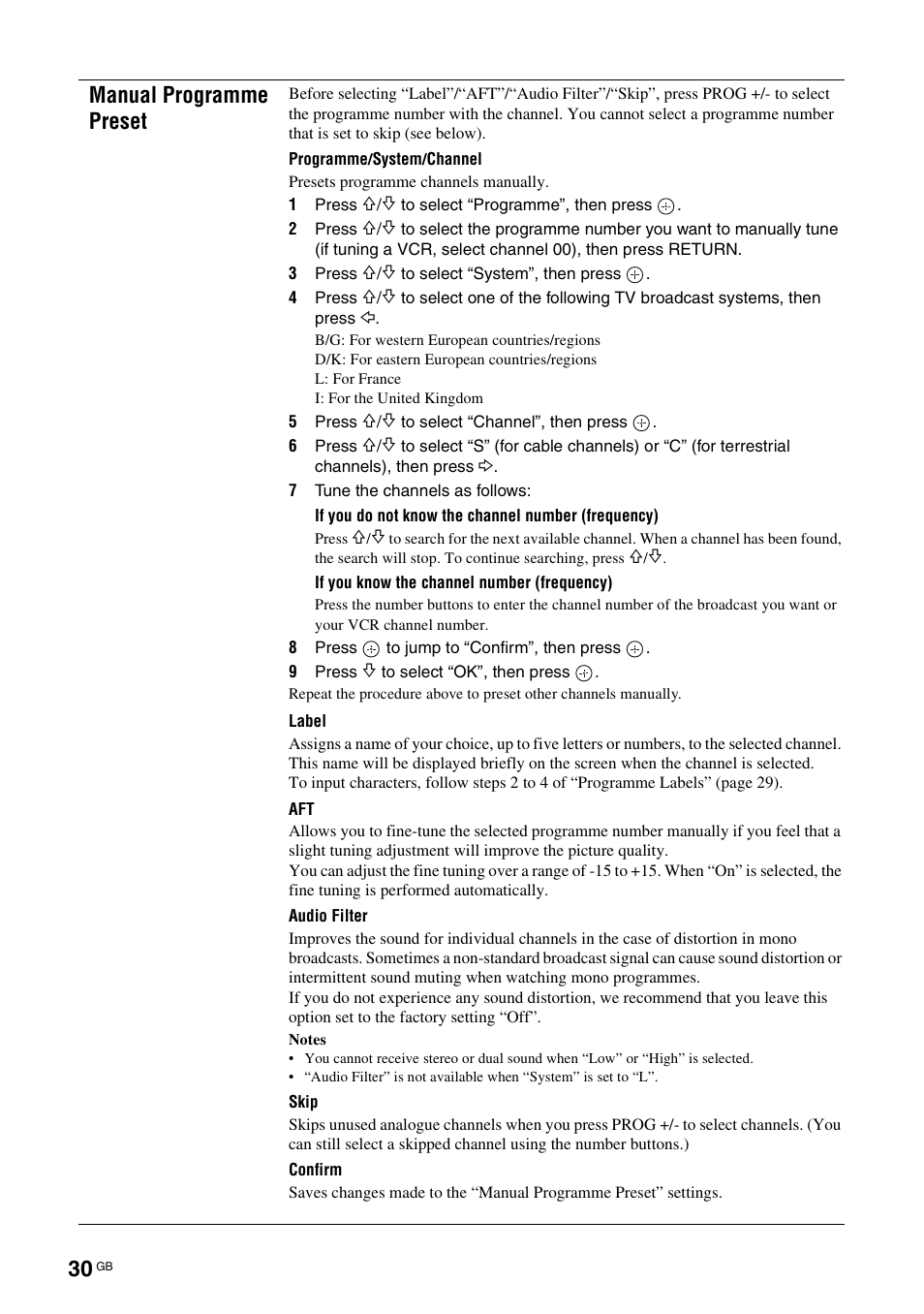 Manual programme preset | Sony Bravia KDL-26S2020 User Manual | Page 30 / 44