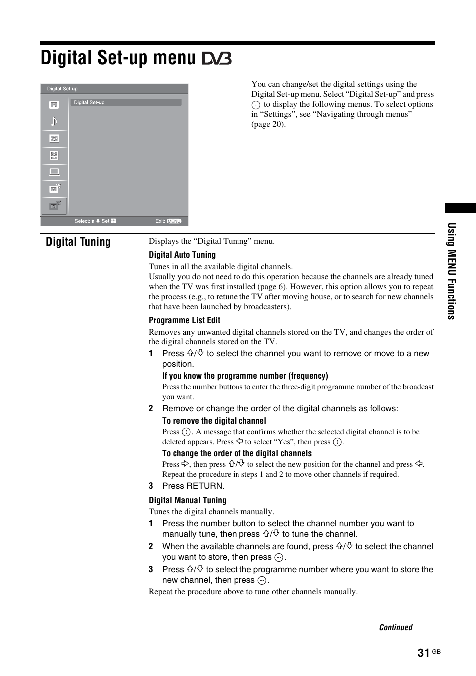 Digital set-up menu, Digital tuning | Sony Bravia KDL-26S2020 User Manual | Page 31 / 44