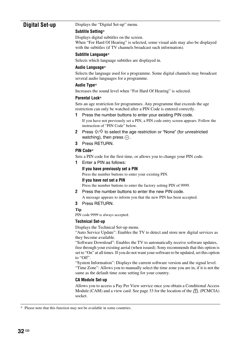 Digital set-up | Sony Bravia KDL-26S2020 User Manual | Page 32 / 44