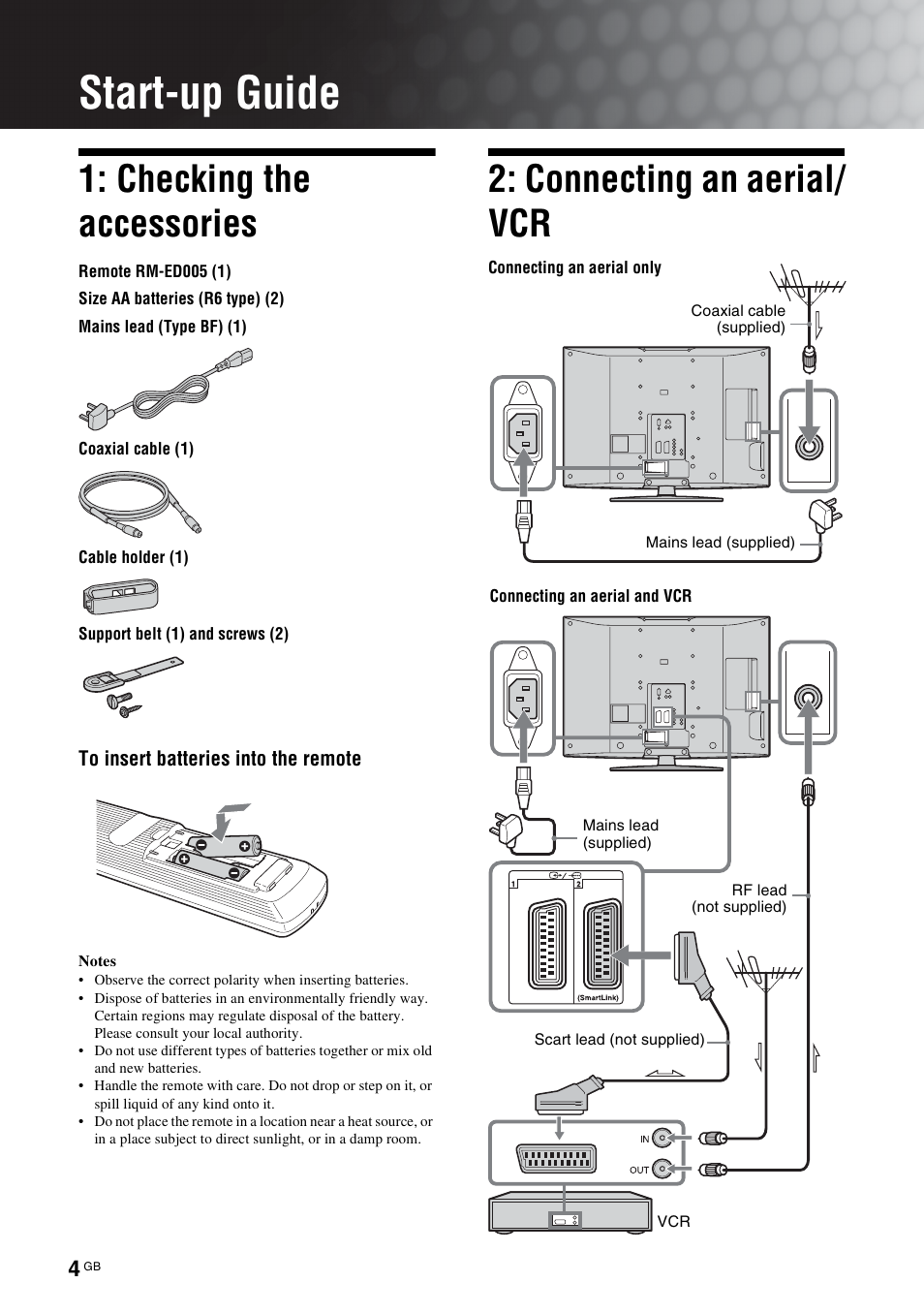 Start-up guide, Checking the accessories, Connecting an aerial/ vcr | Sony Bravia KDL-26S2020 User Manual | Page 4 / 44