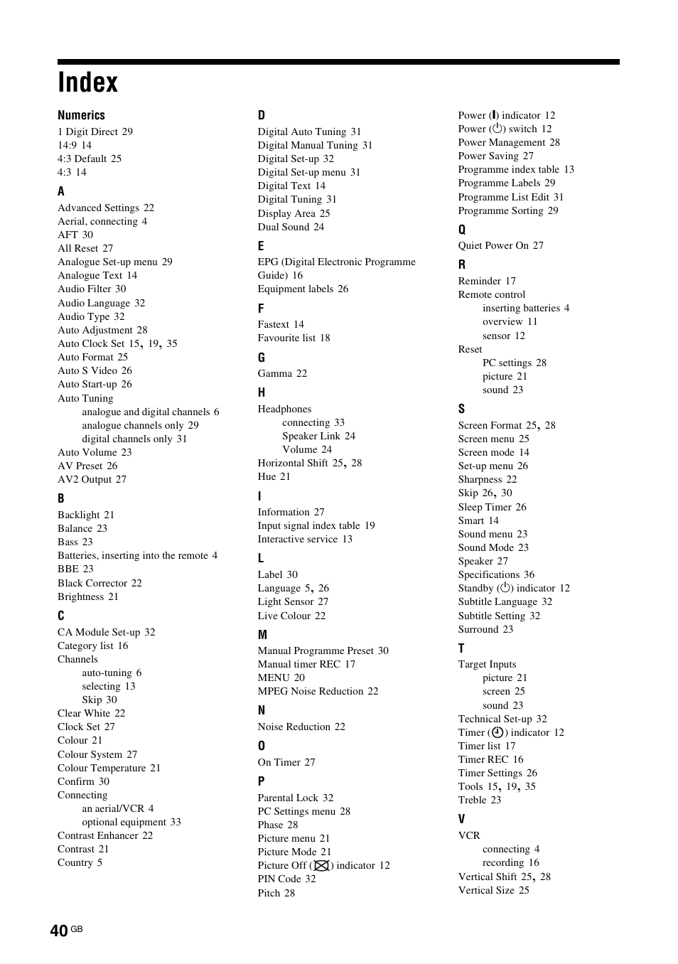 Index | Sony Bravia KDL-26S2020 User Manual | Page 40 / 44