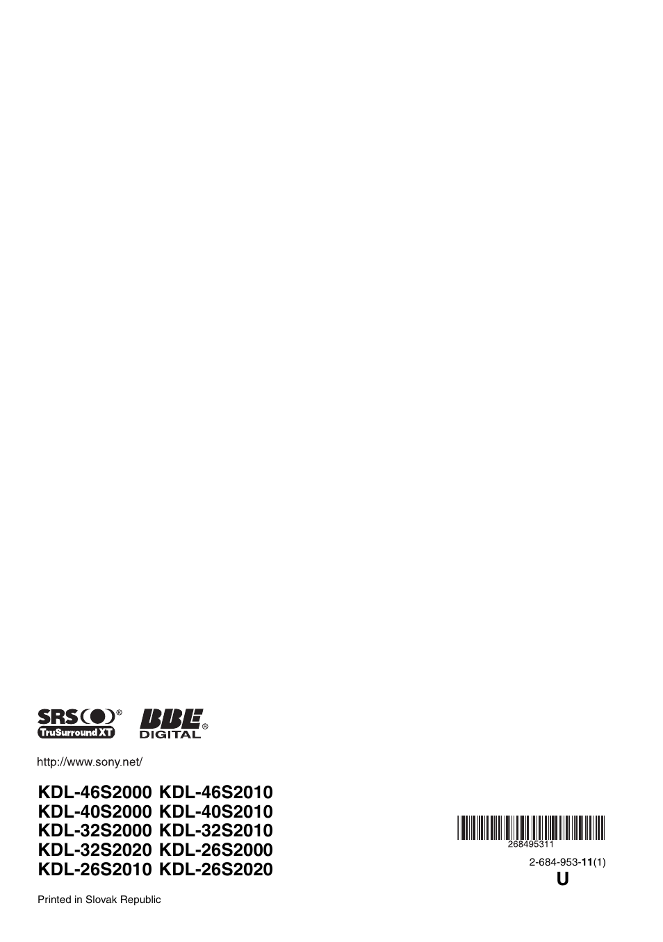Sony Bravia KDL-26S2020 User Manual | Page 44 / 44