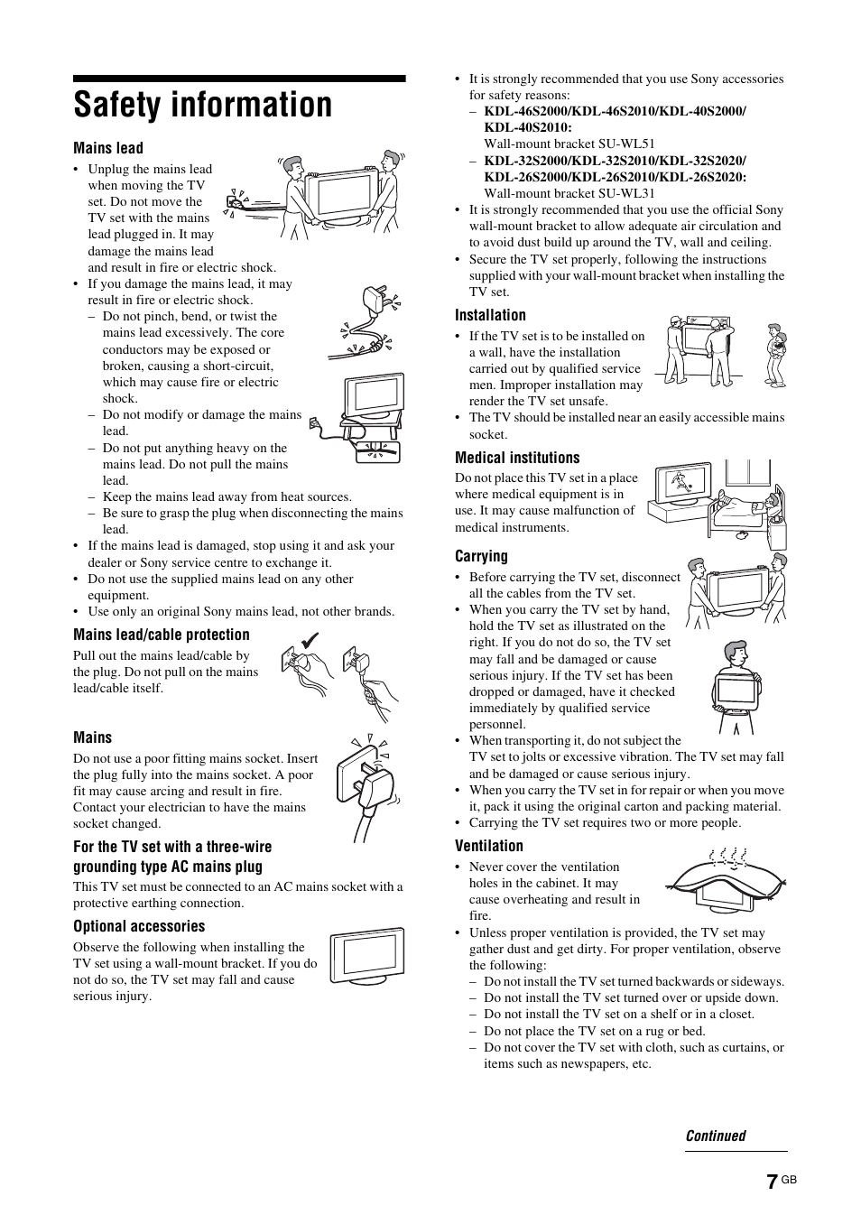 Safety information | Sony Bravia KDL-26S2020 User Manual | Page 7 / 44