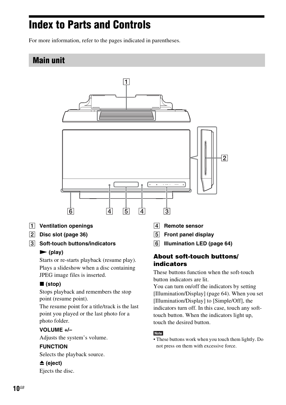 Index to parts and controls, Main unit | Sony BDV-L800 User Manual | Page 10 / 84