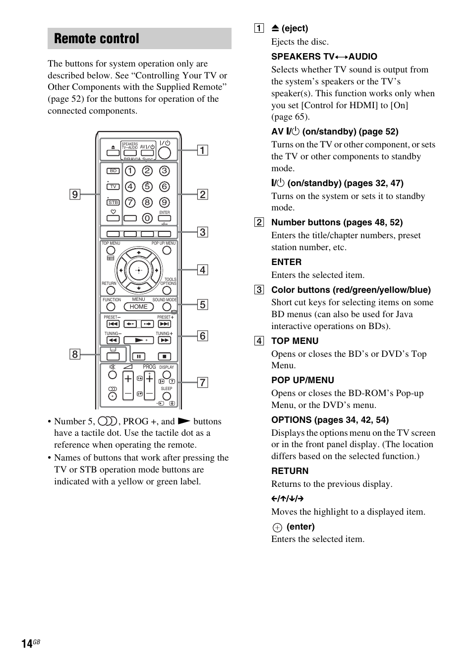 Remote control, Ejects the disc, Turns on the system or sets it to standby mode | Enters the selected item, Opens or closes the bd’s or dvd’s top menu, Returns to the previous display, Moves the highlight to a displayed item | Sony BDV-L800 User Manual | Page 14 / 84