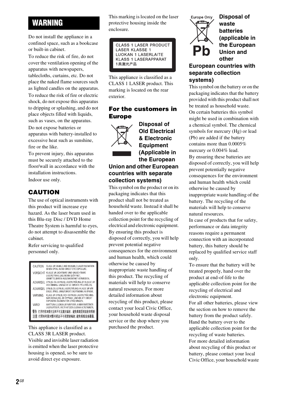 Warning | Sony BDV-L800 User Manual | Page 2 / 84