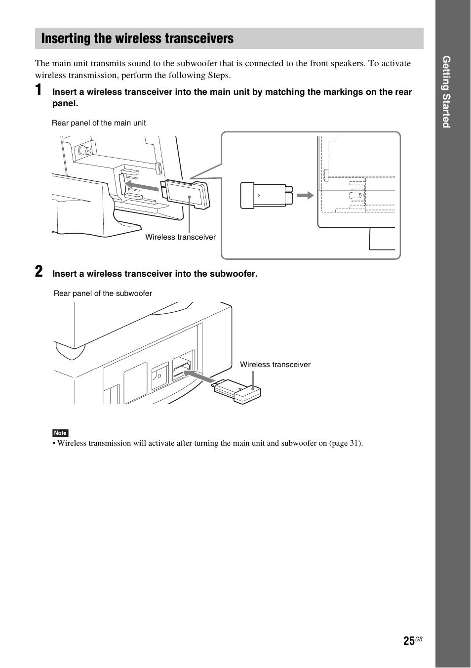 Inserting the wireless transceivers, E 25) | Sony BDV-L800 User Manual | Page 25 / 84