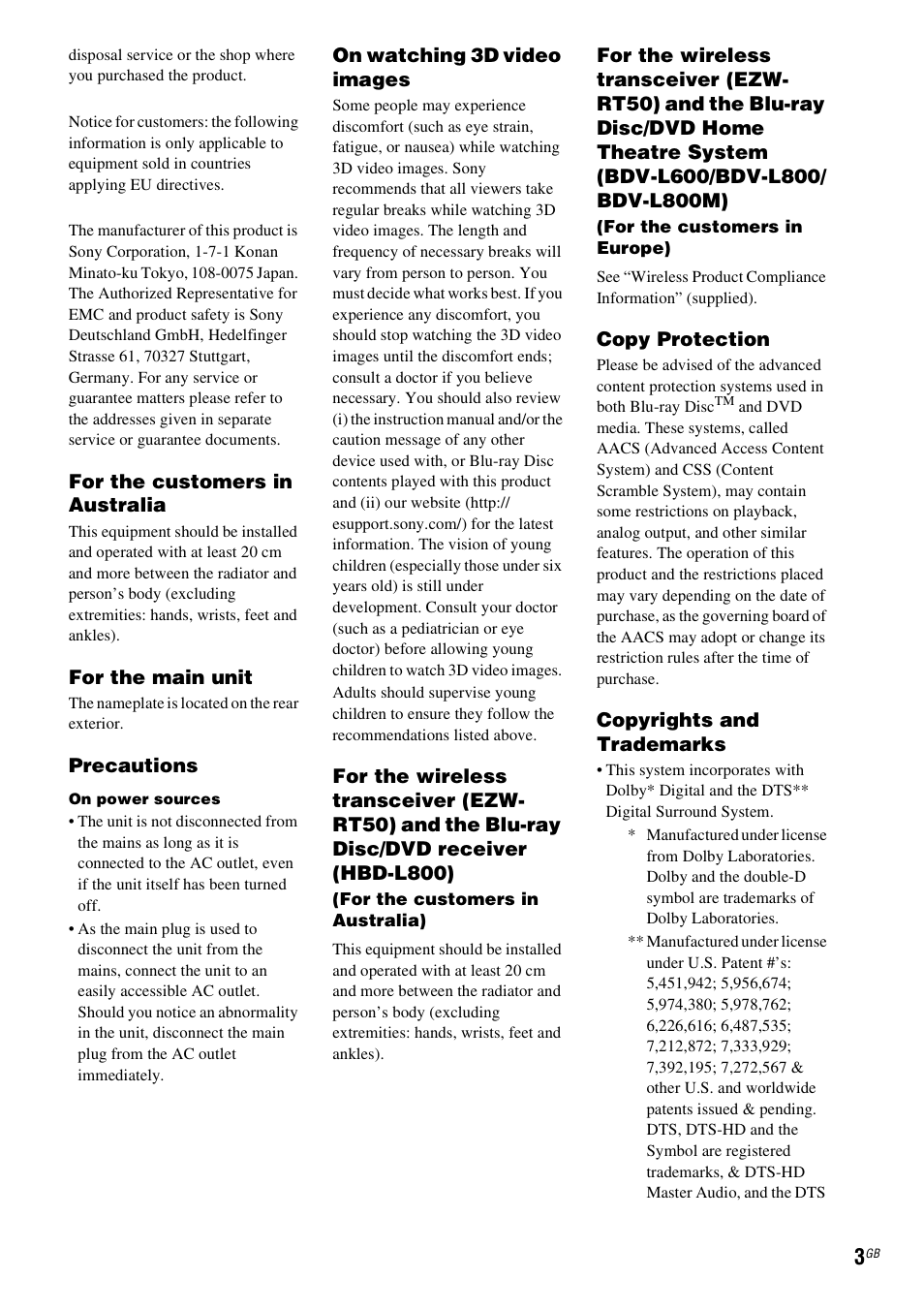 Sony BDV-L800 User Manual | Page 3 / 84