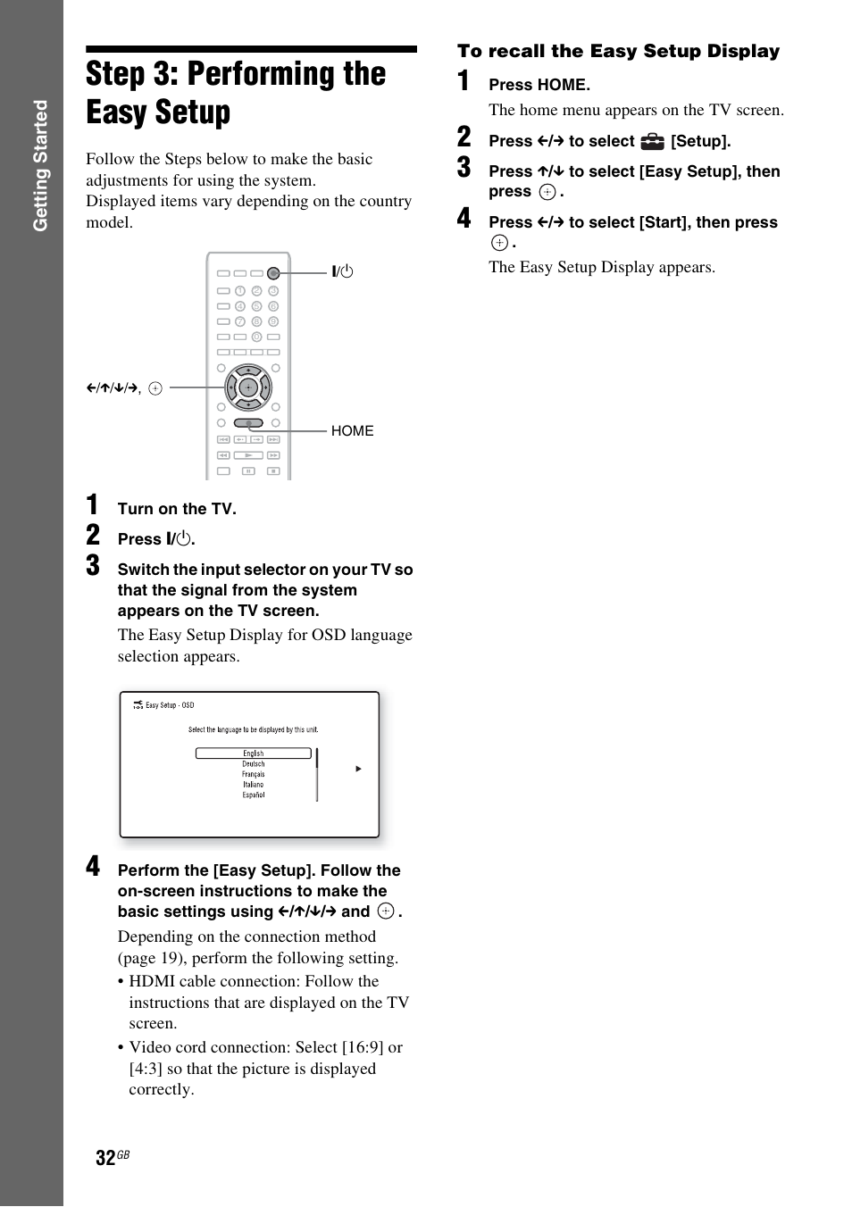 Step 3: performing the easy setup, Step 3: performing the easy, Setup | Es 32 | Sony BDV-L800 User Manual | Page 32 / 84