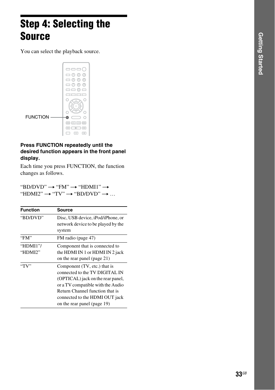 Step 4: selecting the source, Es 33, Ge tting star te d | You can select the playback source | Sony BDV-L800 User Manual | Page 33 / 84