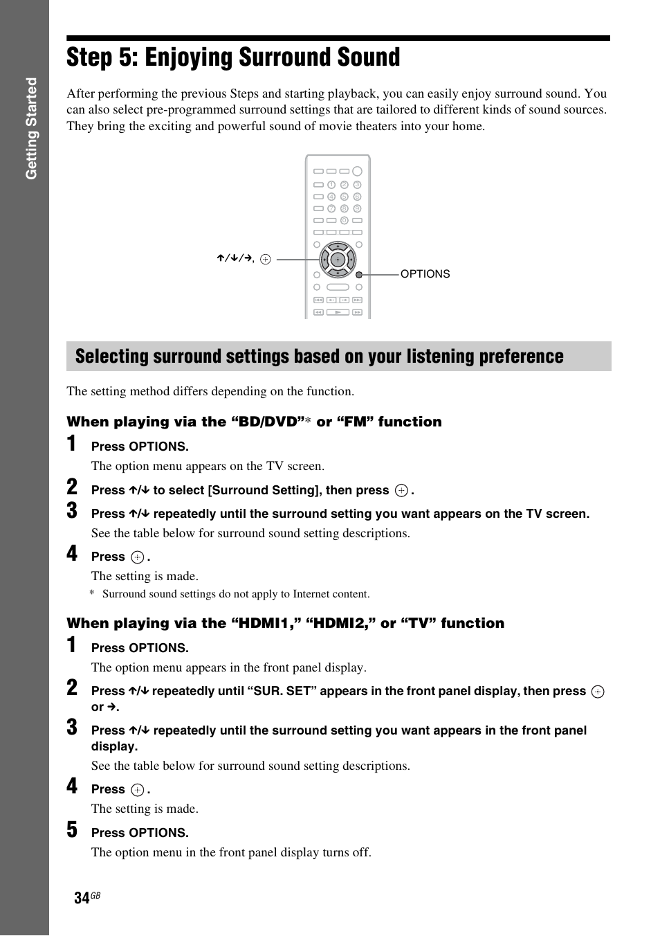 Step 5: enjoying surround sound, Step 5: enjoying surround, Sound | Es 34 | Sony BDV-L800 User Manual | Page 34 / 84