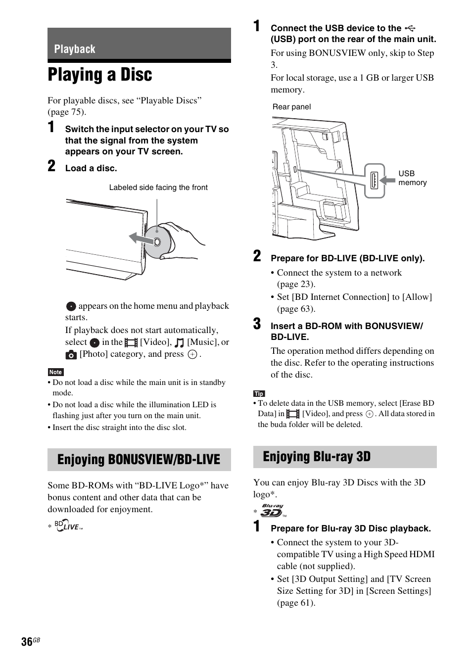 Playback, Playing a disc, Enjoying bonusview/bd-live | Enjoying blu-ray 3d | Sony BDV-L800 User Manual | Page 36 / 84