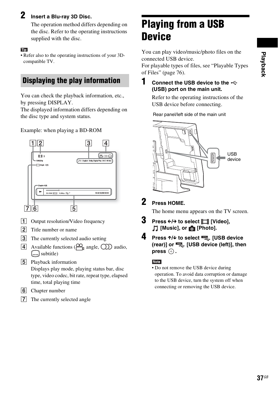 Displaying the play information, Playing from a usb device, E 37) | Es 37 | Sony BDV-L800 User Manual | Page 37 / 84