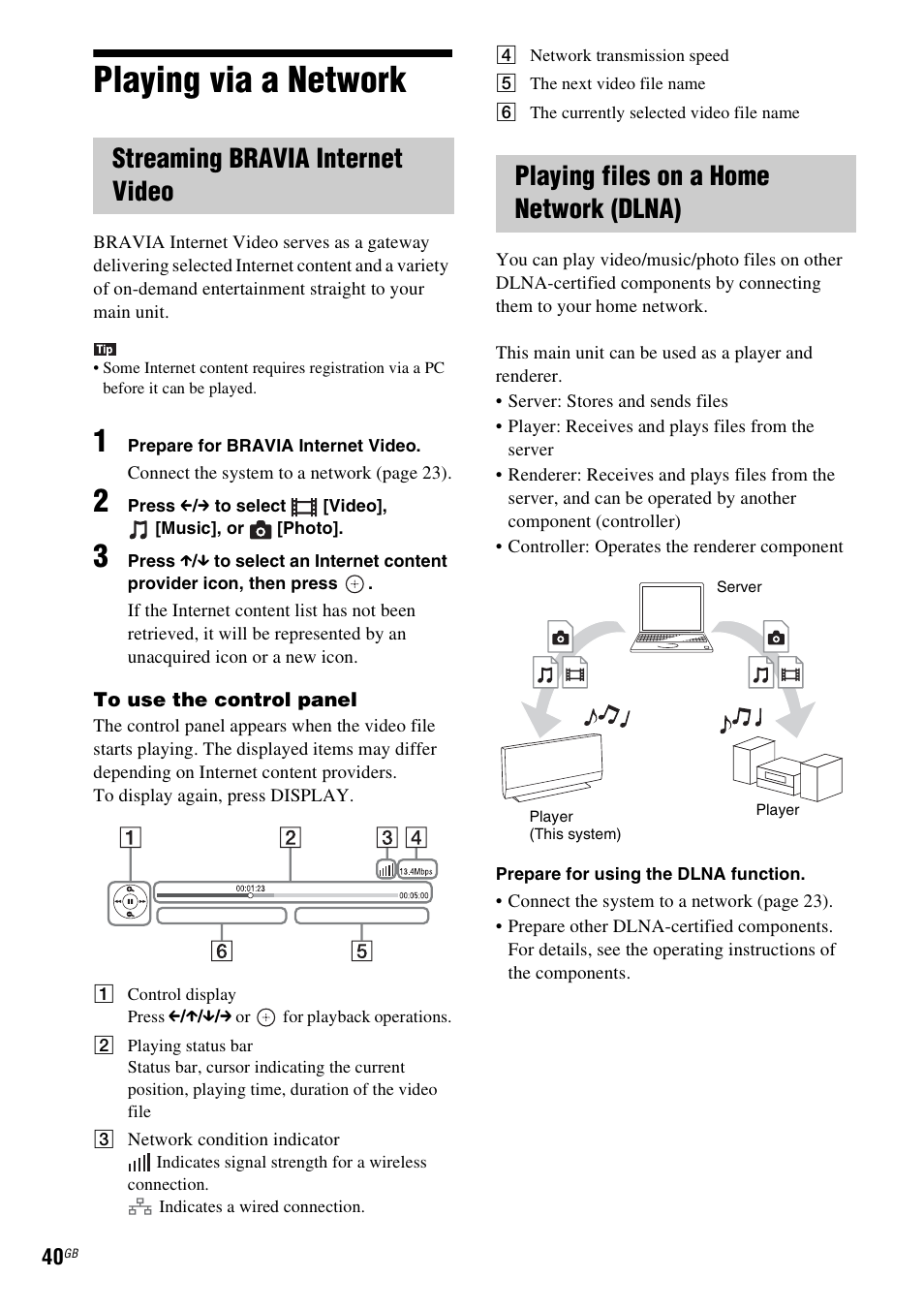 Playing via a network, Streaming bravia internet video, Playing files on a home network (dlna) | Sony BDV-L800 User Manual | Page 40 / 84