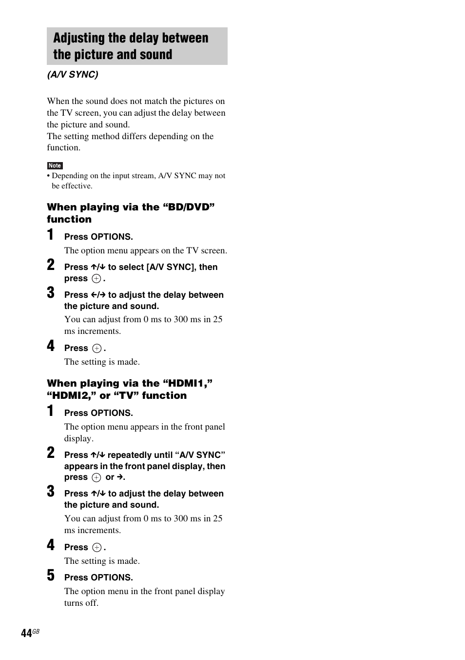 Adjusting the delay between the picture and sound | Sony BDV-L800 User Manual | Page 44 / 84