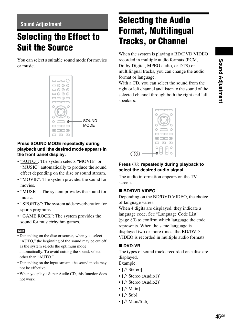 Sound adjustment, Selecting the effect to suit the source, Selecting the effect to suit | The source, Selecting the audio format, multilingual, Tracks, or channel, Es 45 | Sony BDV-L800 User Manual | Page 45 / 84