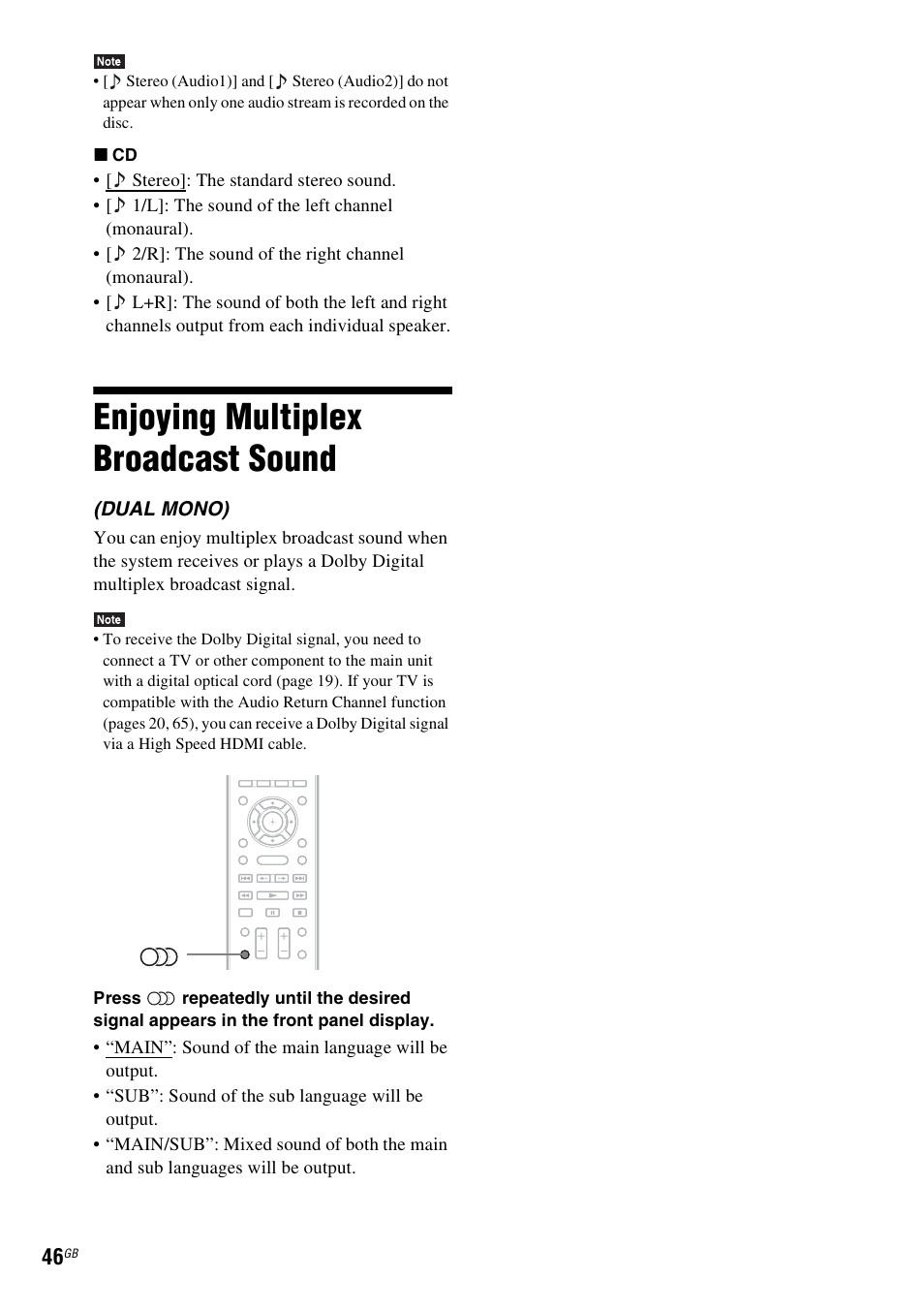 Enjoying multiplex broadcast sound | Sony BDV-L800 User Manual | Page 46 / 84