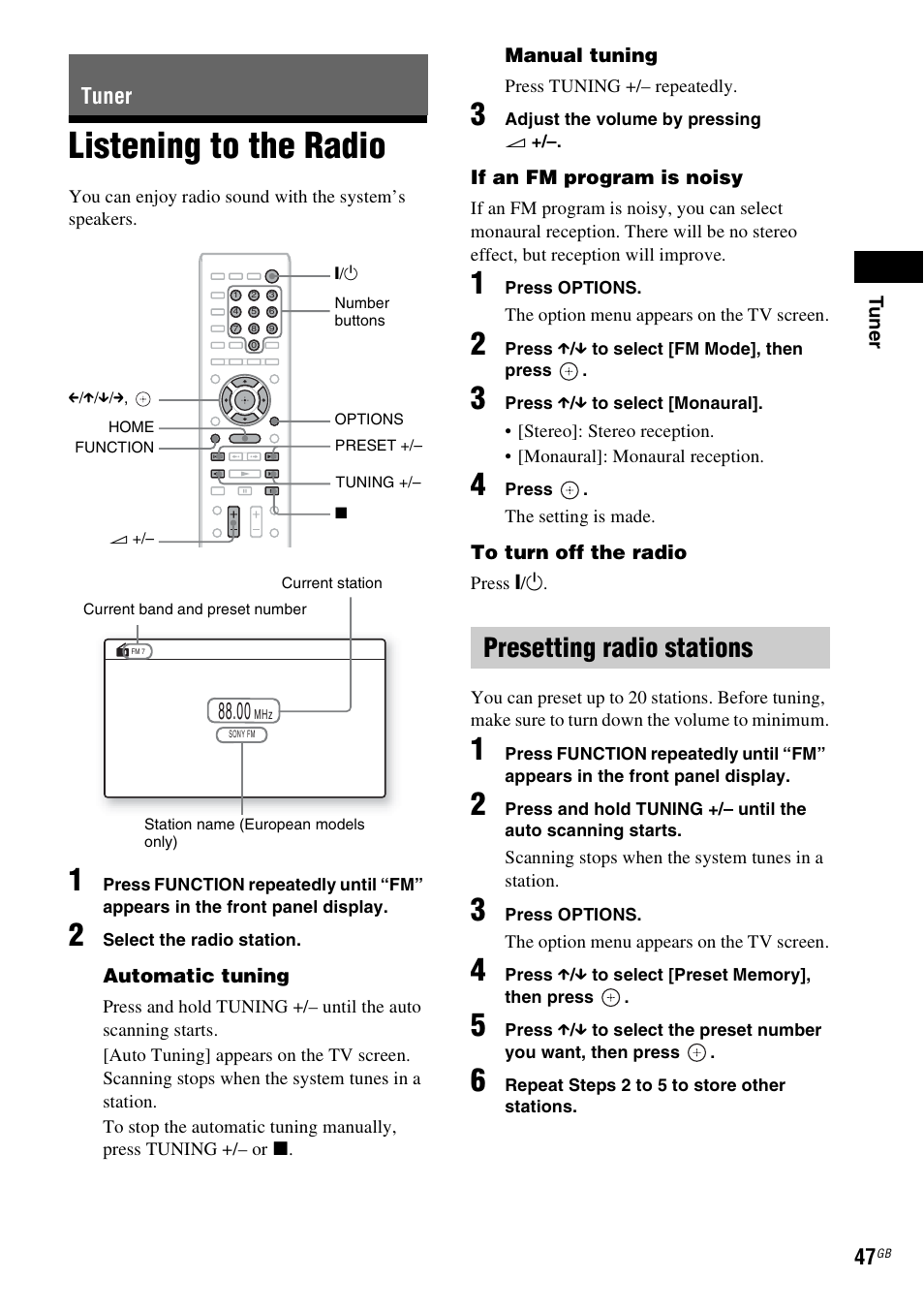 Tuner, Listening to the radio, Presetting radio stations | E 47) | Sony BDV-L800 User Manual | Page 47 / 84