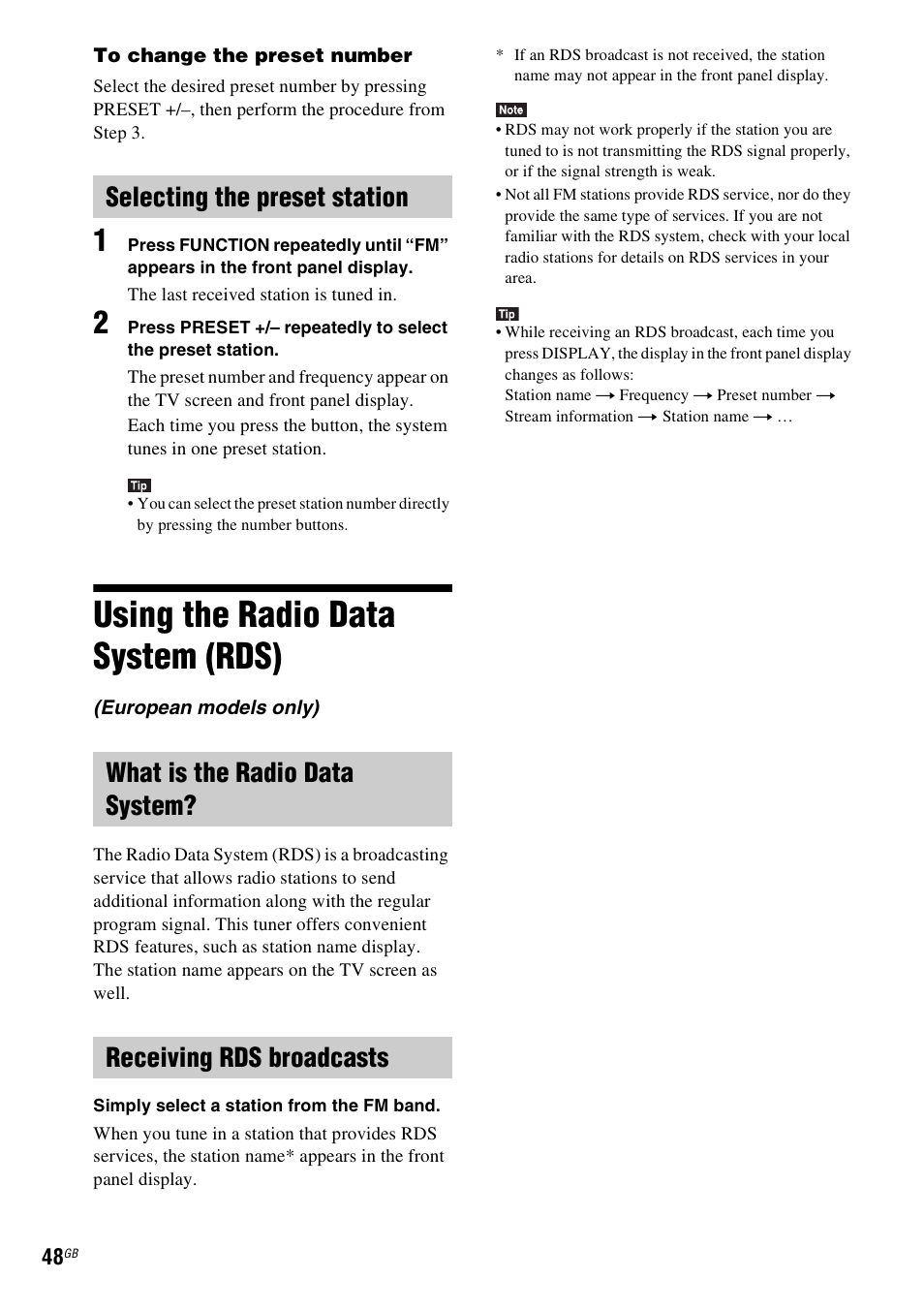 Selecting the preset station, Using the radio data system (rds), What is the radio data system | Receiving rds broadcasts, Using the radio data system, Rds) | Sony BDV-L800 User Manual | Page 48 / 84