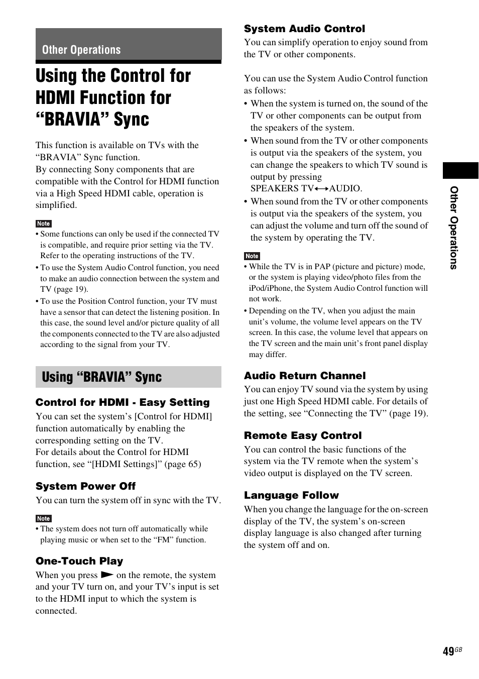 Other operations, Using “bravia” sync, Using the control for hdmi function for | Bravia” sync | Sony BDV-L800 User Manual | Page 49 / 84