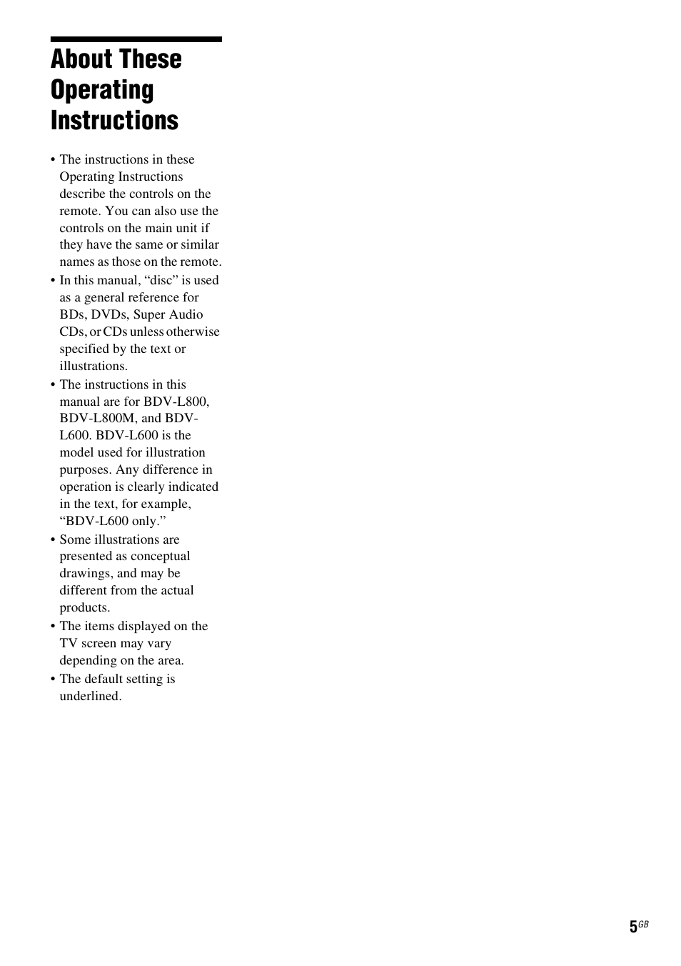 About these operating instructions | Sony BDV-L800 User Manual | Page 5 / 84