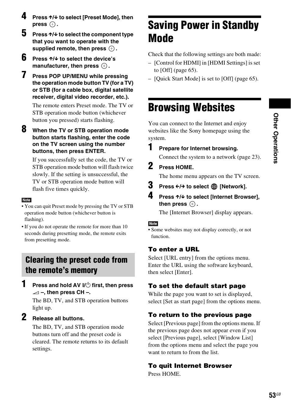 Clearing the preset code from the remote’s memory, Saving power in standby mode, Browsing websites | Saving power in standby mode browsing websites | Sony BDV-L800 User Manual | Page 53 / 84