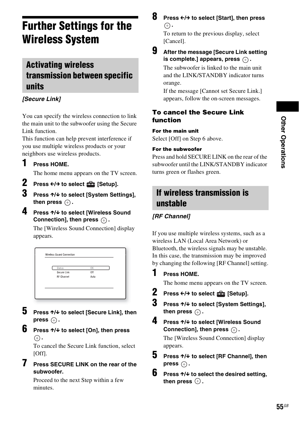 Further settings for the wireless system, If wireless transmission is unstable, Further settings for the wireless | System | Sony BDV-L800 User Manual | Page 55 / 84