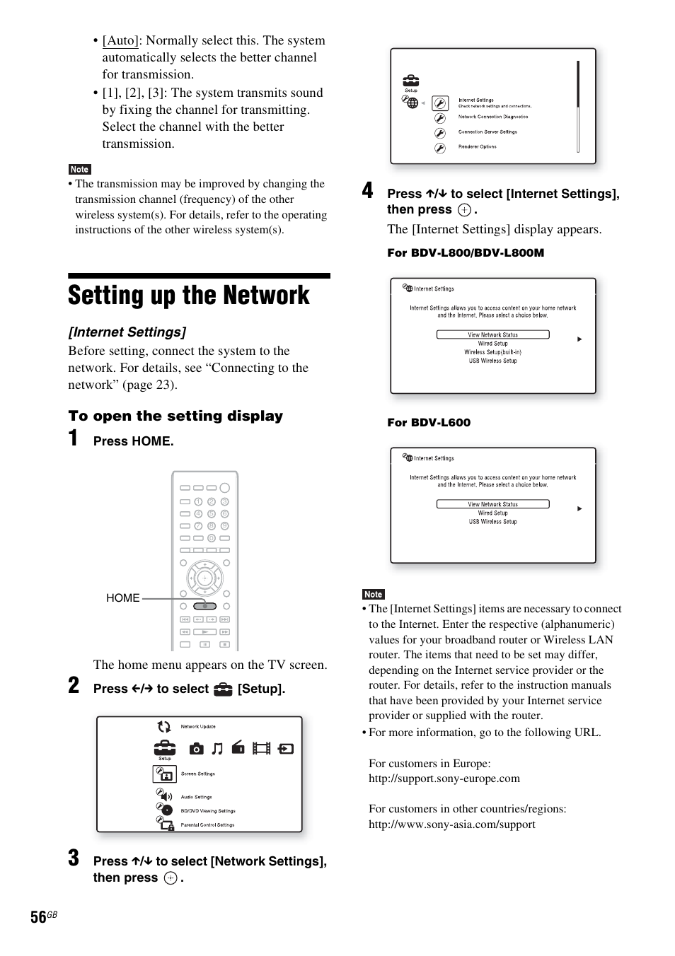 Setting up the network | Sony BDV-L800 User Manual | Page 56 / 84