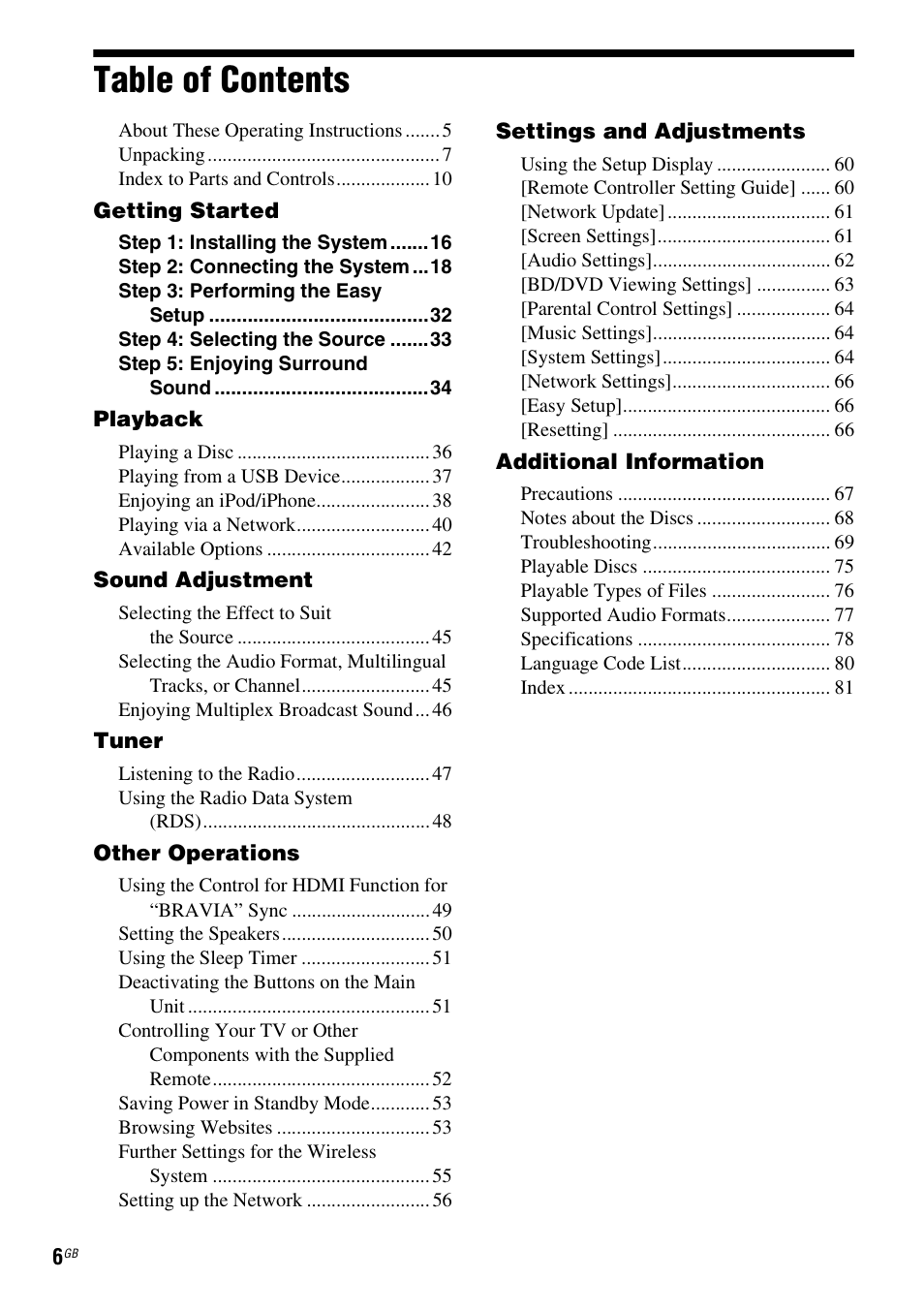 Sony BDV-L800 User Manual | Page 6 / 84