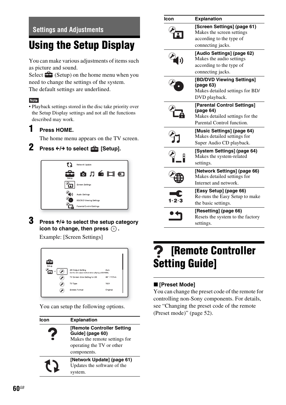 Settings and adjustments, Using the setup display, Remote controller setting guide | Sony BDV-L800 User Manual | Page 60 / 84