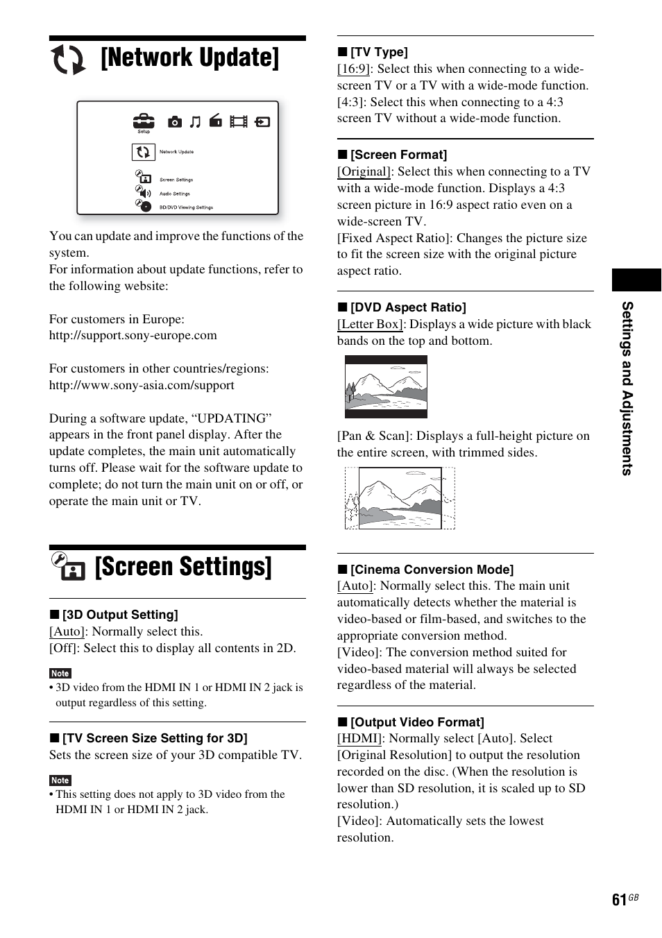 Network update, Screen settings, Network update] [screen settings | Sony BDV-L800 User Manual | Page 61 / 84