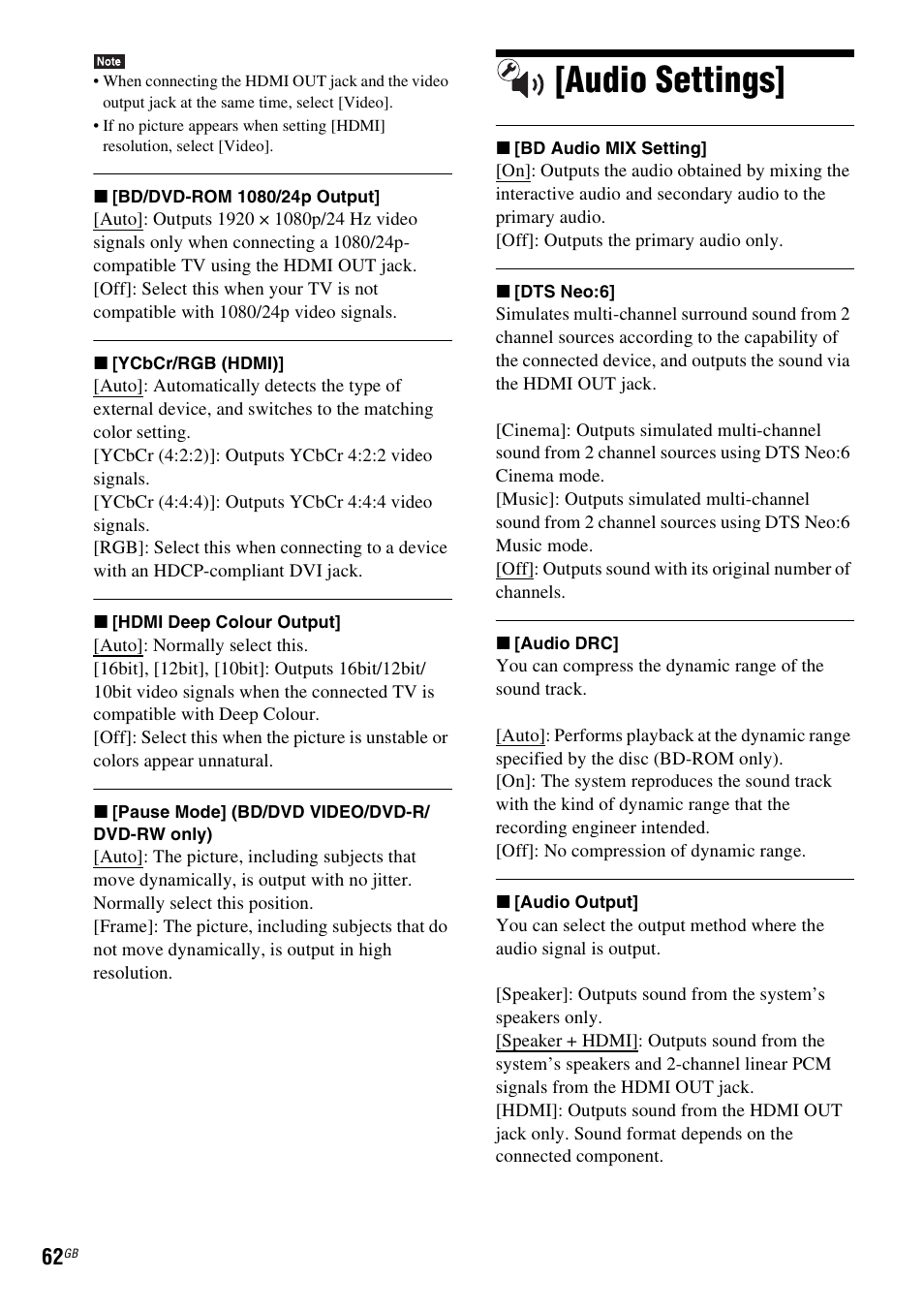 Audio settings | Sony BDV-L800 User Manual | Page 62 / 84