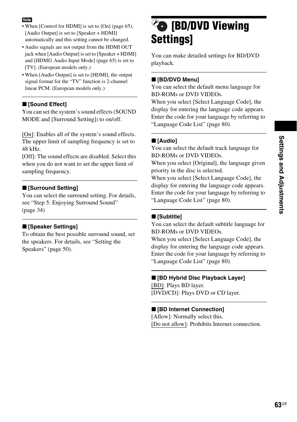 Bd/dvd viewing settings, E 63) | Sony BDV-L800 User Manual | Page 63 / 84