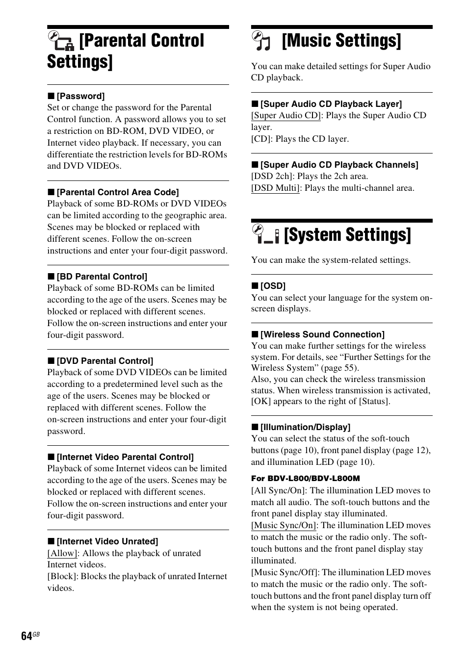 Parental control settings, Music settings, System settings | Sony BDV-L800 User Manual | Page 64 / 84
