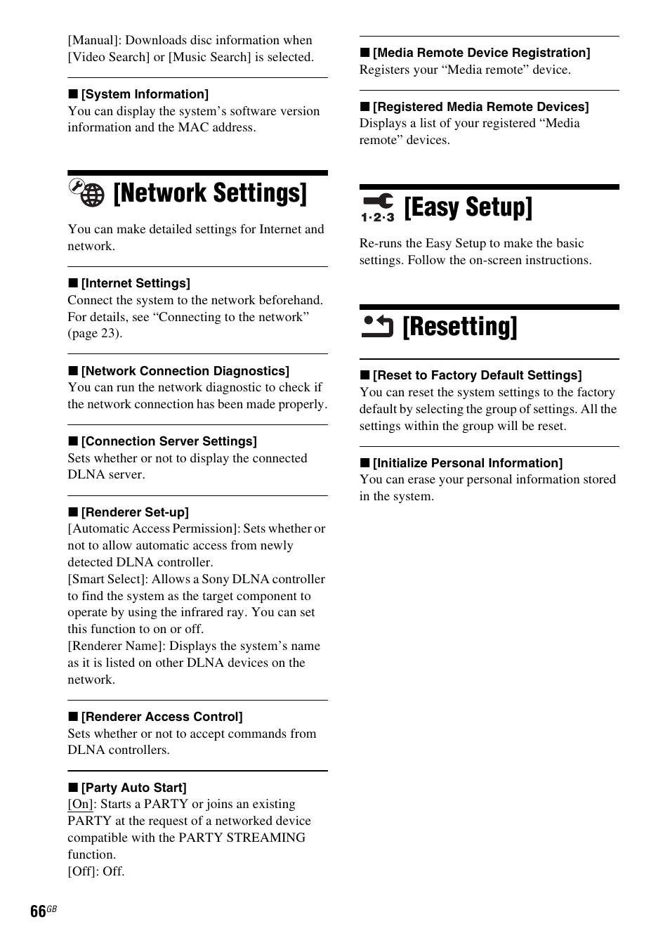 Network settings, Easy setup, Resetting | Network settings] [easy setup] [resetting | Sony BDV-L800 User Manual | Page 66 / 84