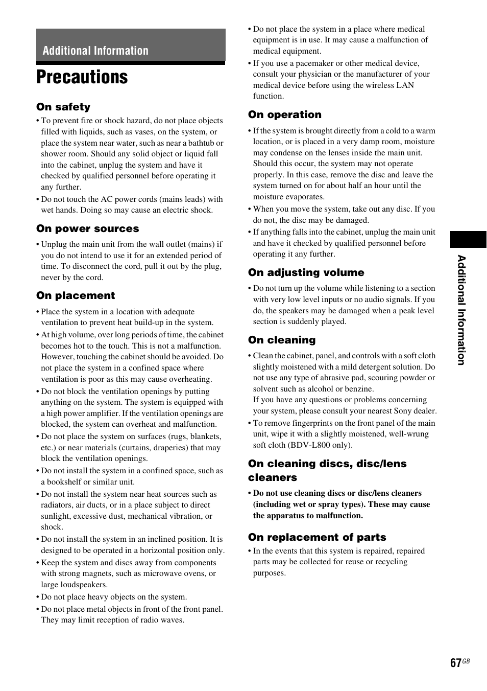 Additional information, Precautions | Sony BDV-L800 User Manual | Page 67 / 84