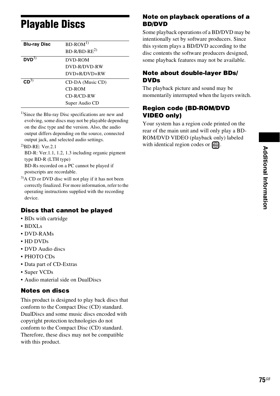 Playable discs | Sony BDV-L800 User Manual | Page 75 / 84