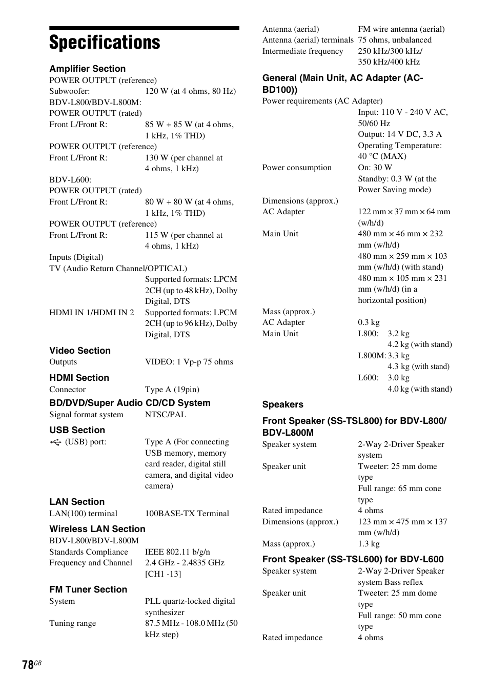 Specifications | Sony BDV-L800 User Manual | Page 78 / 84