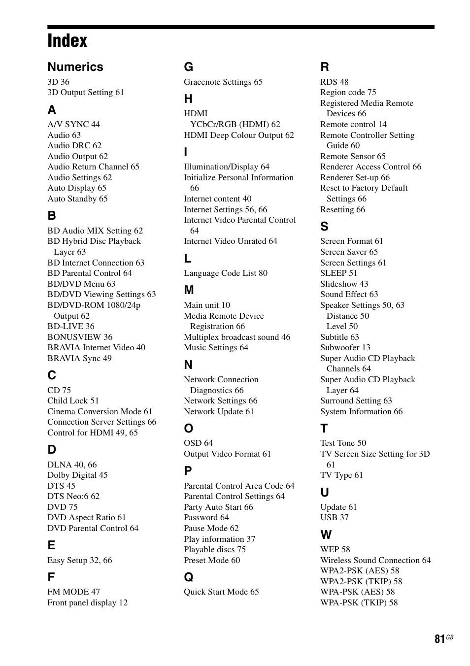 Index, Numerics | Sony BDV-L800 User Manual | Page 81 / 84