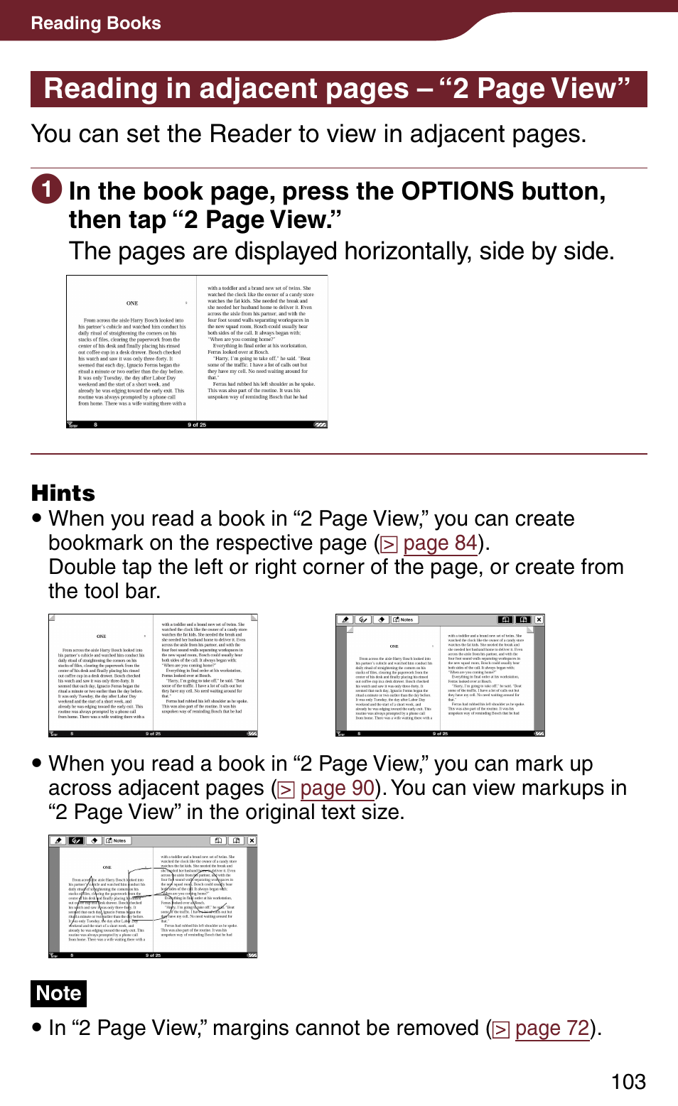 Reading in adjacent pages – “2 page view, You can set the reader to view in adjacent pages | Sony Reader Daily Edition 4-174-983-12(1) User Manual | Page 103 / 202