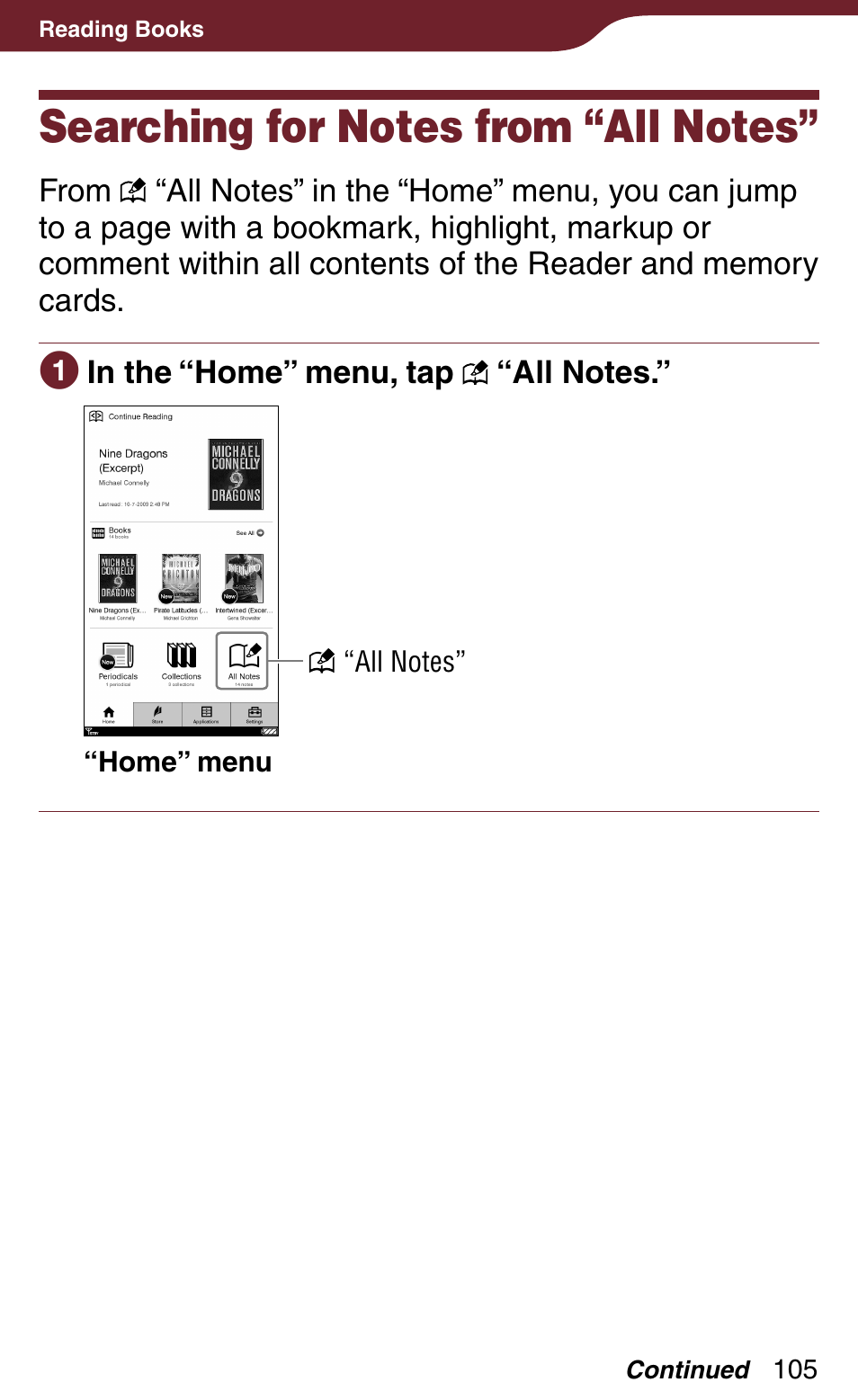 Searching for notes from “all notes, List, And the | Sony Reader Daily Edition 4-174-983-12(1) User Manual | Page 105 / 202