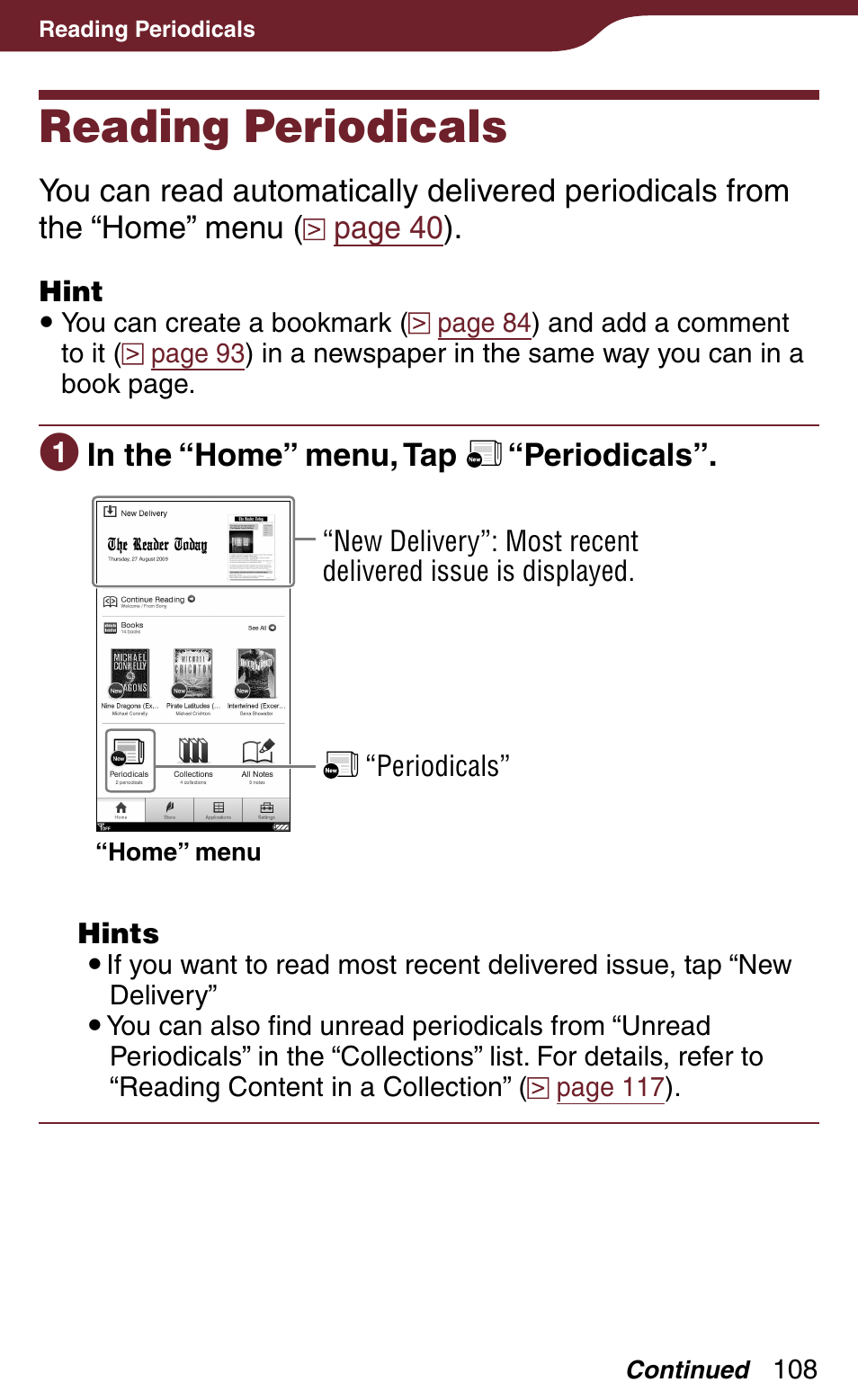 Reading periodicals | Sony Reader Daily Edition 4-174-983-12(1) User Manual | Page 108 / 202