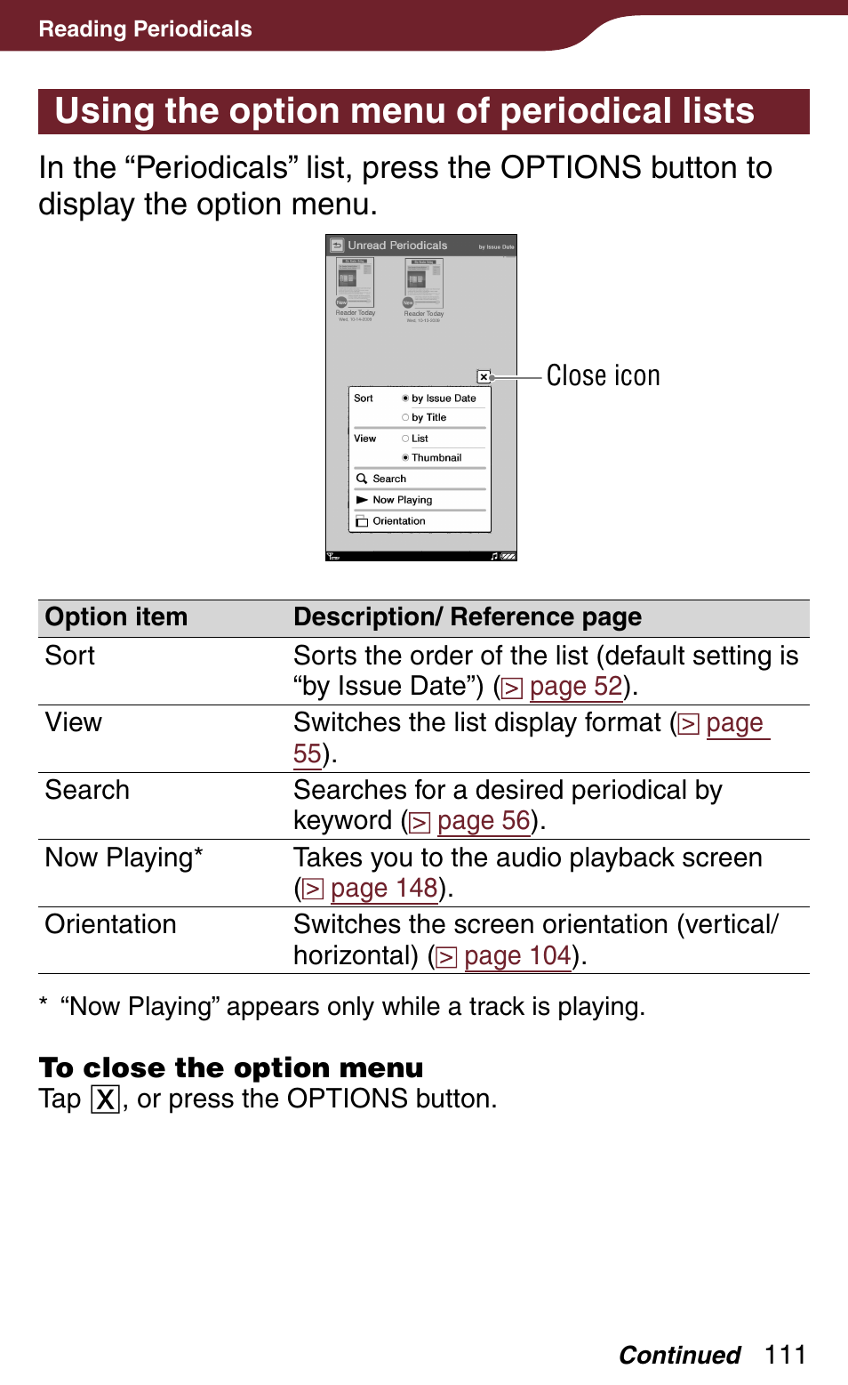 Using the option menu of periodical lists | Sony Reader Daily Edition 4-174-983-12(1) User Manual | Page 111 / 202