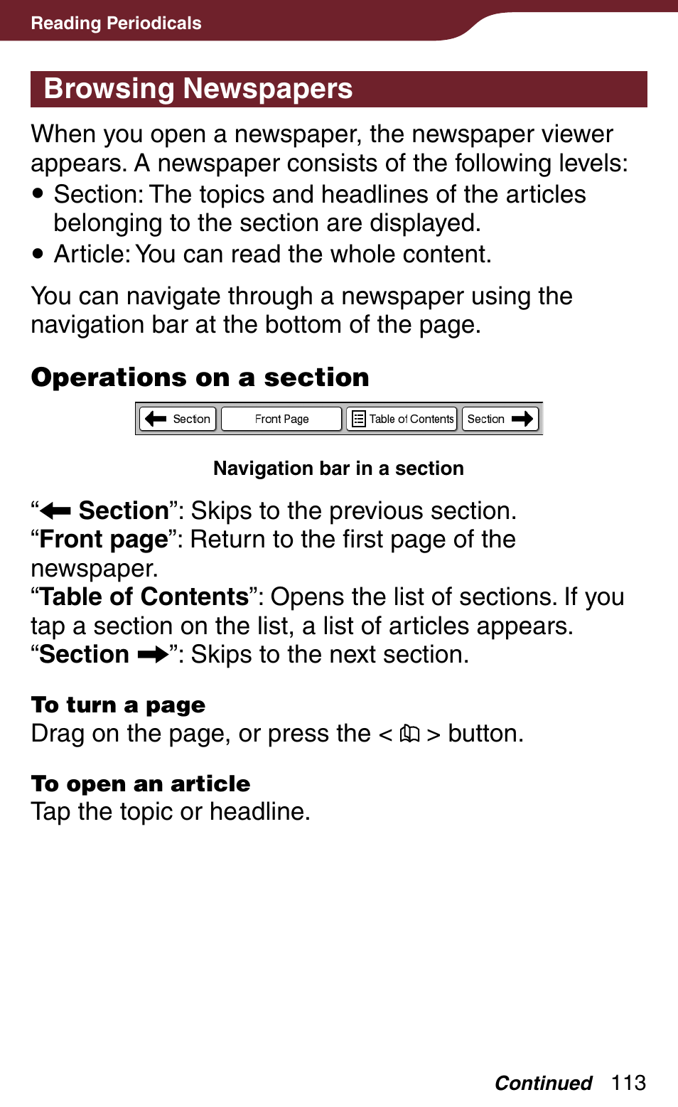 Browsing newspapers, Vigation bar | Sony Reader Daily Edition 4-174-983-12(1) User Manual | Page 113 / 202