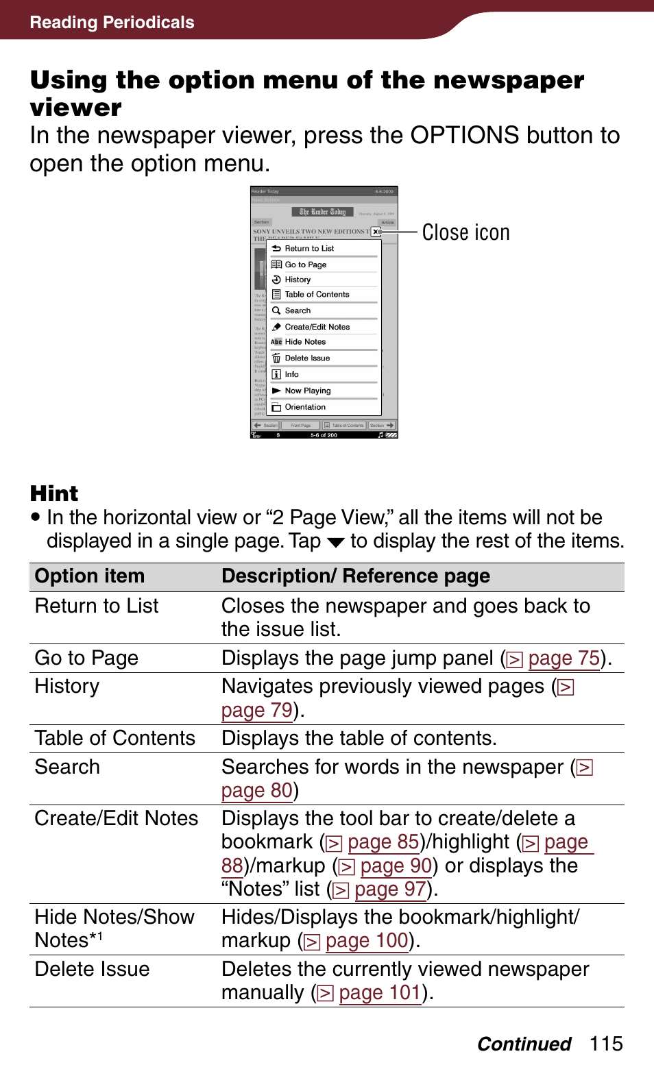 Using the option menu of the newspaper viewer | Sony Reader Daily Edition 4-174-983-12(1) User Manual | Page 115 / 202