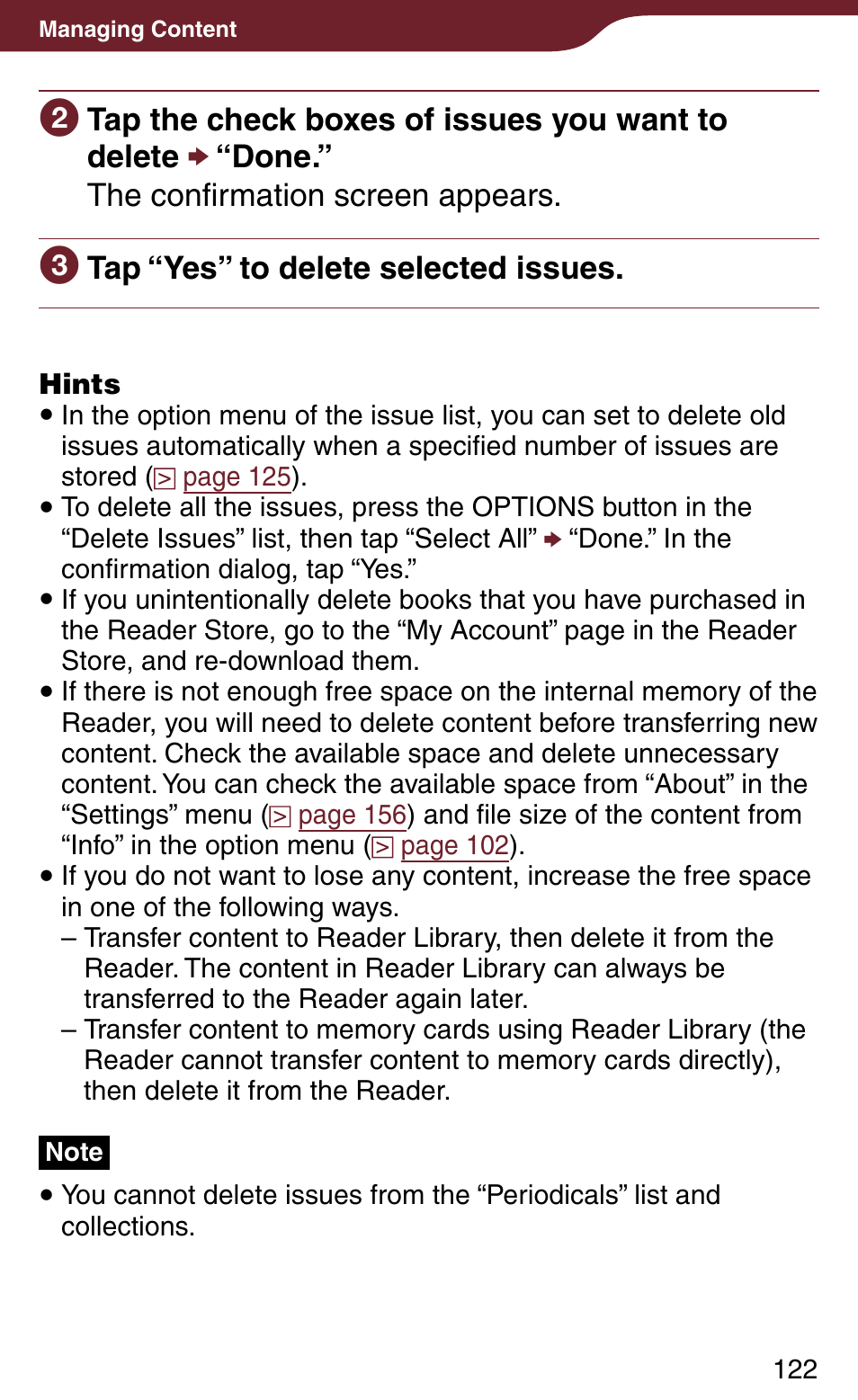 Tap “yes” to delete selected issues | Sony Reader Daily Edition 4-174-983-12(1) User Manual | Page 122 / 202