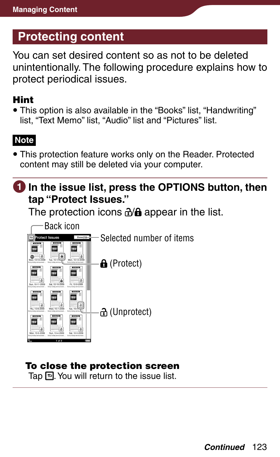 Protecting contents, Protecting content, Unintentionally | Sony Reader Daily Edition 4-174-983-12(1) User Manual | Page 123 / 202