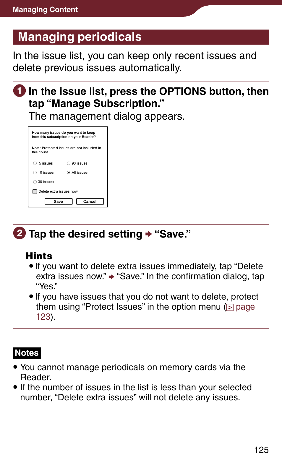 Managing periodicals, Sets to delete issues automatically, Stored | Sony Reader Daily Edition 4-174-983-12(1) User Manual | Page 125 / 202