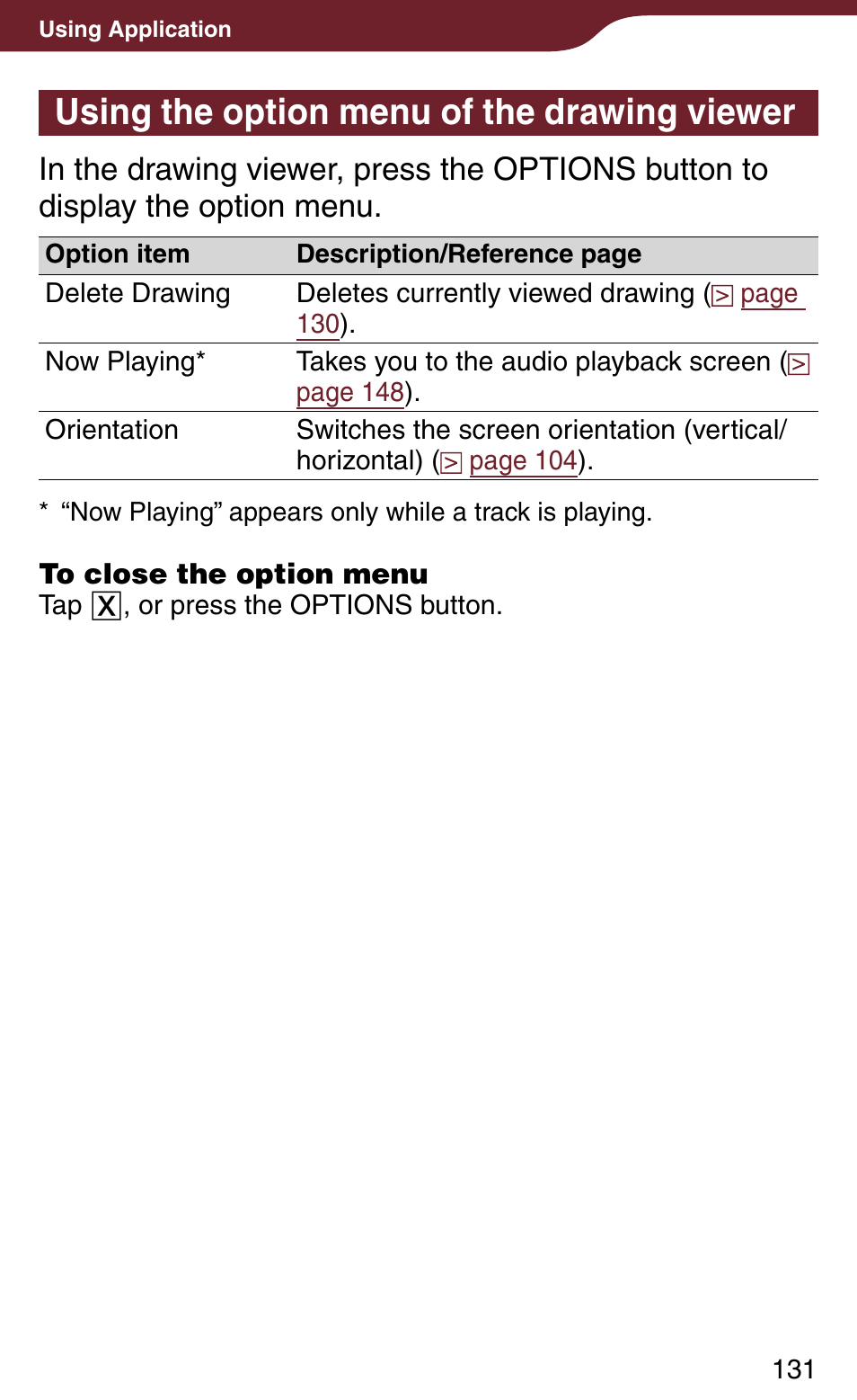 Using the option menu of the drawing viewer | Sony Reader Daily Edition 4-174-983-12(1) User Manual | Page 131 / 202